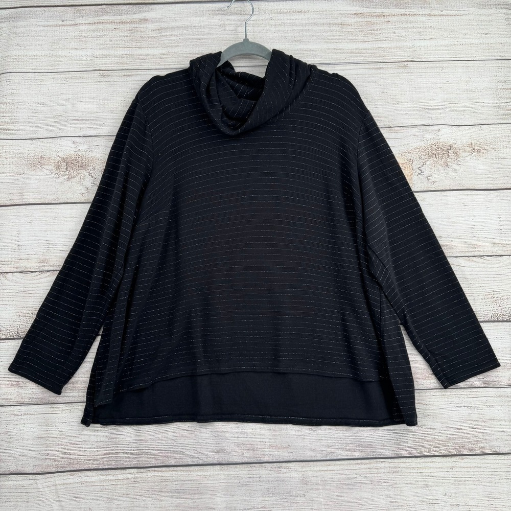 J. Jill Wearever Top Women 2X Black Metallic Pinstripe Cowl Neck High Low Hem